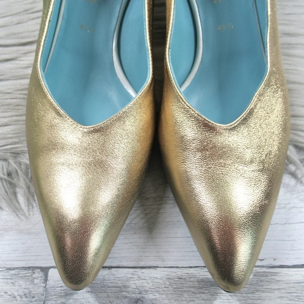THIERRY RABOTIN Gold Napa Pointed Toe Kitten Heel Pumps Women's 40.5 US Size 10
